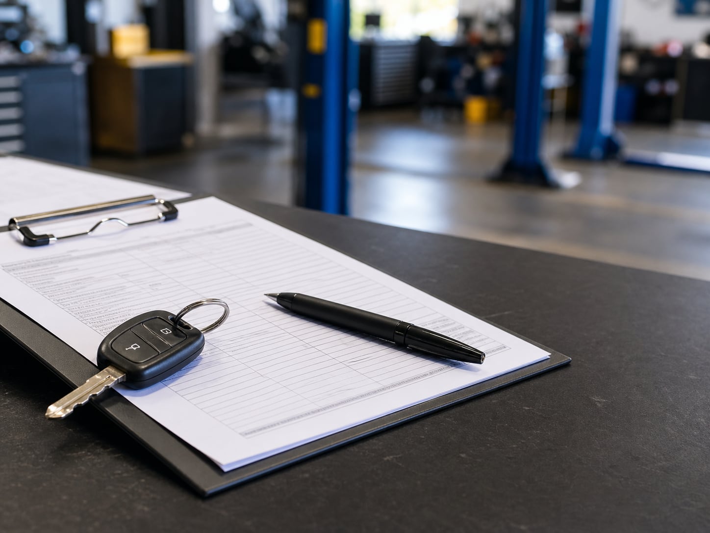 Car key and service worksheet on a shop counter