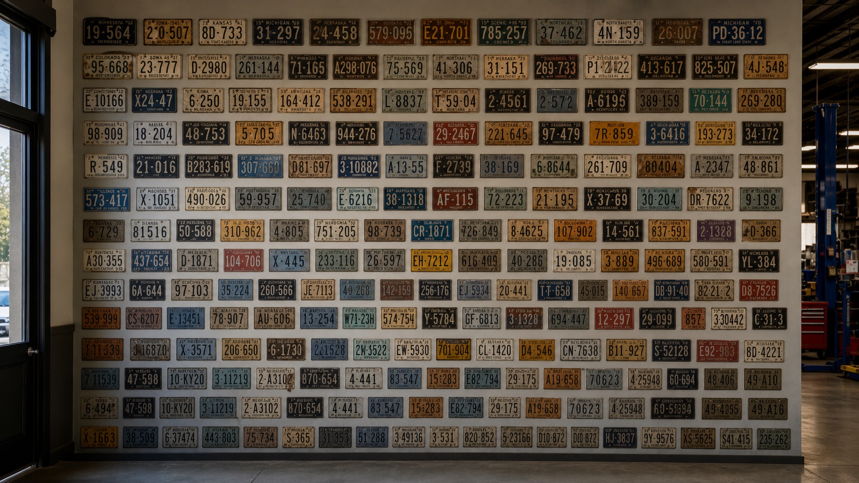 A naturally collected wall of vintage license plates inside an auto shop